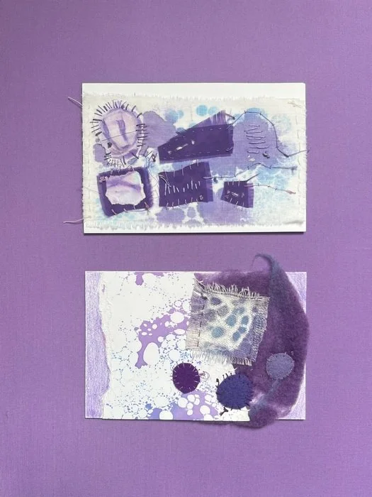 "Drenched in the Hues of Violets #2" JG Benkofsky-Webb 
Fabric, Paper, Ink, Paint, Felting, Threads 14" x 11" 
2025 
$850 