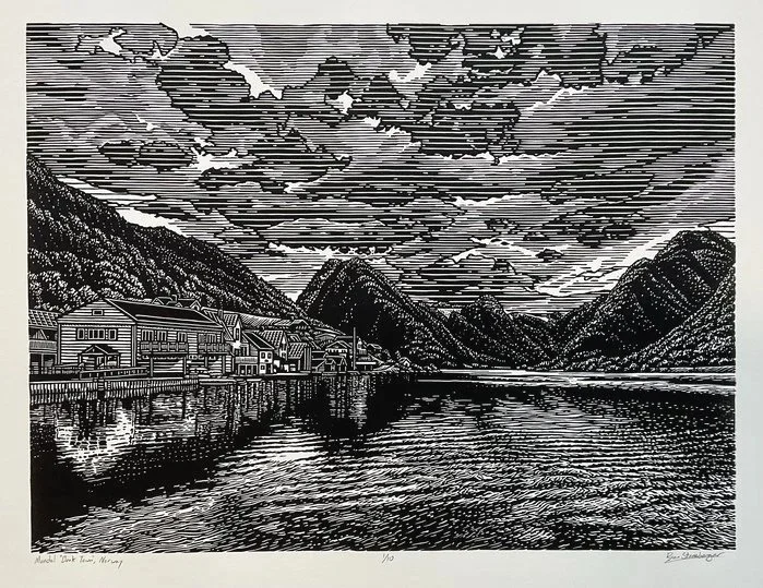 "Mundal 'Book Town,' Norway" 
Ryan Stoneberger Relief Printmaking 12" x 16" 
2025 $500 