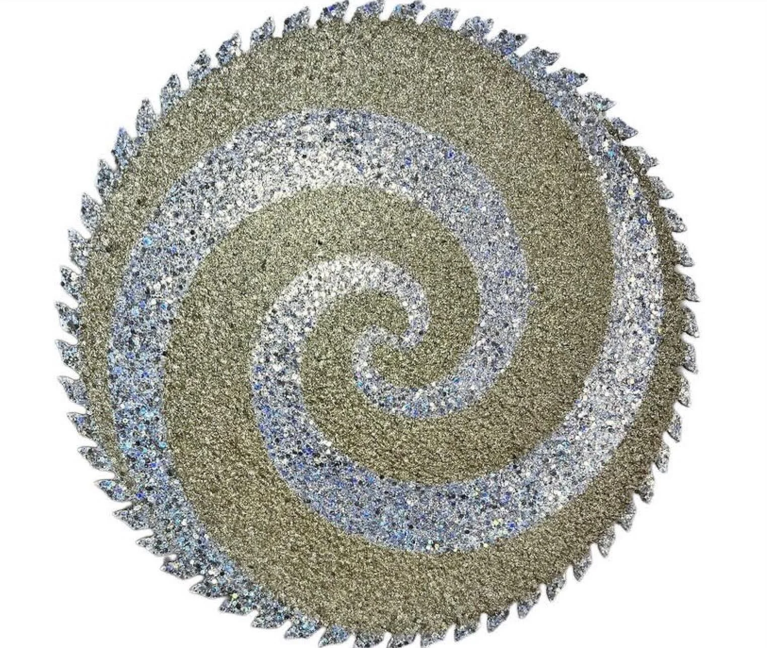 "Give 'em The Old Razzle-Dazzle" Rich Sheaffer Circular Saw Blade with Glitter & Acrylic on a Lazy Susan 14" x 14" 
2025 NFS 