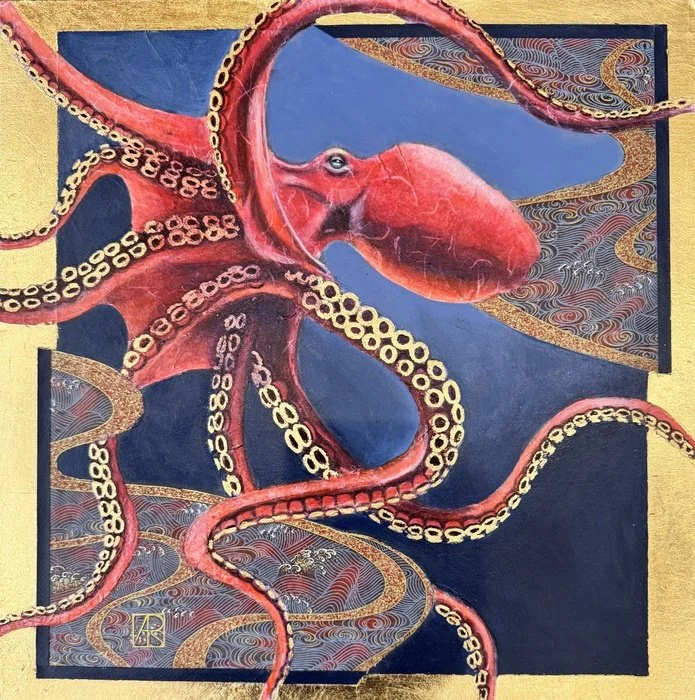 "On the Move" Amy Rattner 
Gold Leaf, Acrylic and Collage on Wood Panel 16" x 16" 
2026 
$830 