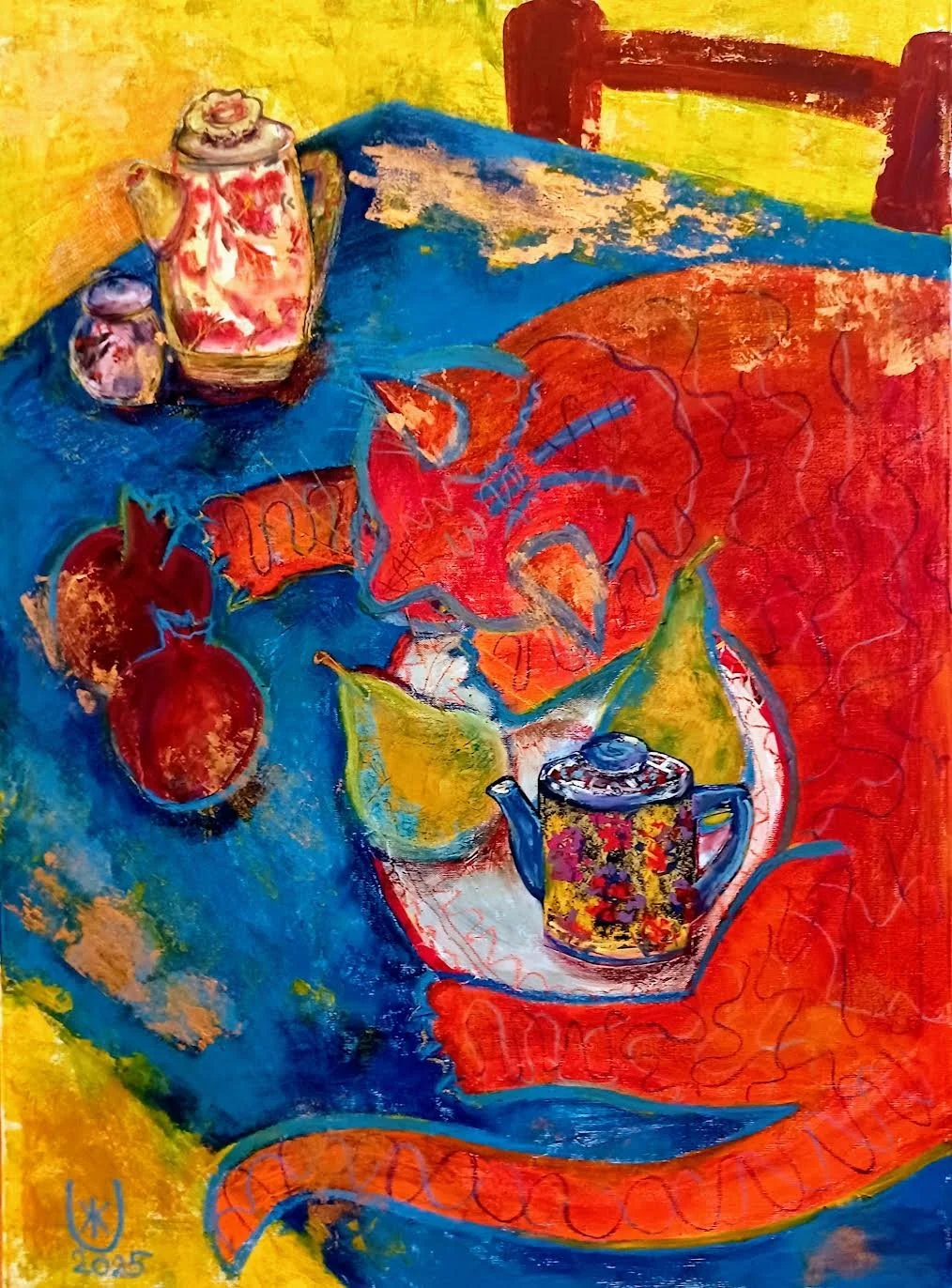 “Still Life with the Orange Cat” Zhanna Urodovskikh  2nd Year Invitee  Mountain View, CA, USA Mixed Media, Acrylic, Collage, Oil Pastel on Canvas 40" x 30" 2025 $1850 