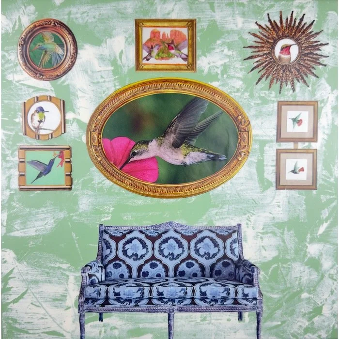 "Hummingbird Portraits" Amy Bauer Mixed Media Collage with Acrylic on Stretched Canvas 12" x 12" 
2026 
$325 