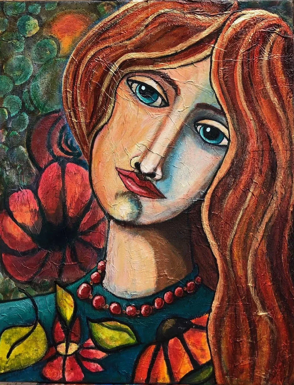 "Girl With Flowers"
 Lynne Mizera Creston, British Columbia, Canada 
Mixed Media; Collage and Acrylic Paints and Inks on Canvas 20" x 16" 
2023 $450 