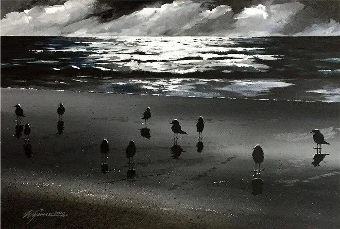 "Birds On Beach" Robert Wynne 
Acrylic on Canvas 20" x 30" 2018 
$2,500 