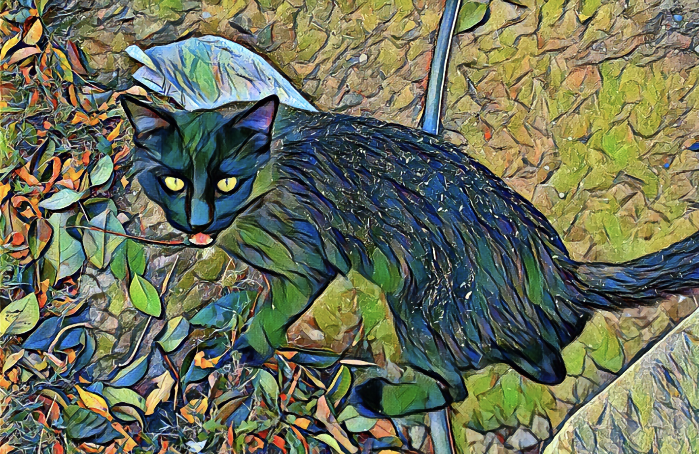 "Meow, Meow" 
Elaine Waters Mixed Media on Canvas 12" x 14" 
2024 
$1,200 