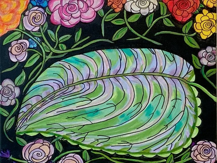 "One Leaf with Roses" Julia Smith Acrylic on Canvas, with Metallic and Sharpie Highlights 
16" x 20" 
2026 
$375 