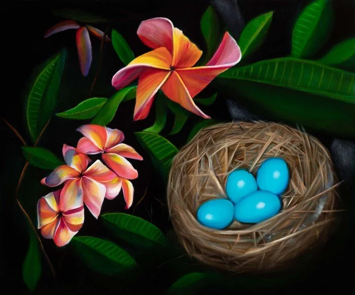 "Plumeria & Robins Eggs" Loretta McNair 
Oil 
20" x 24" 
2021 
$3,000 