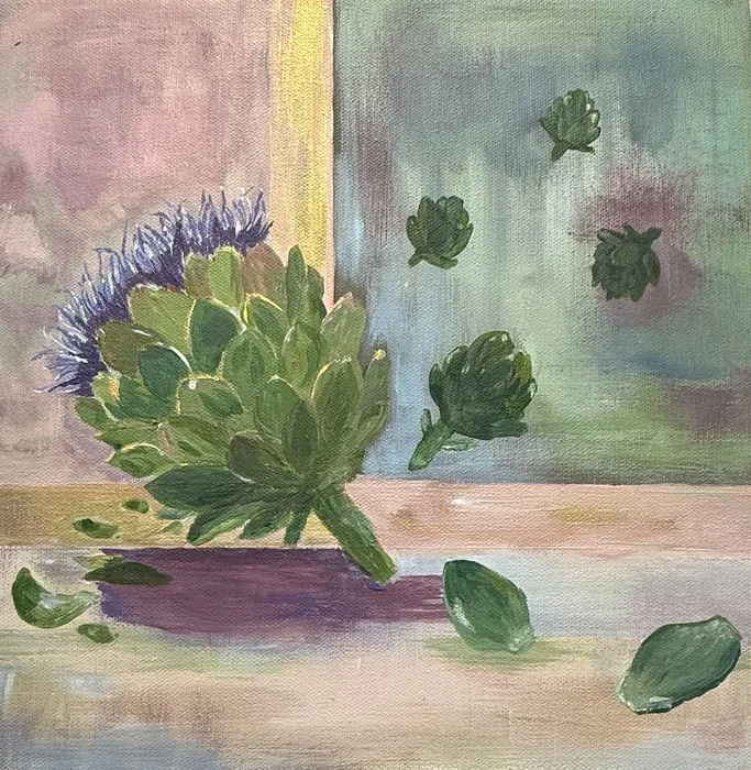 "Artichoke Heart" 
Andrea Saravia 
Acrylic on Canvas 12" x 12" 
2026 
$350 