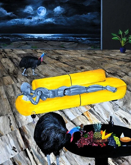 "Full Moon and Cassowaries" Raymond Perez Acrylic on Woodboard 20" x 16" 
2025 $600 