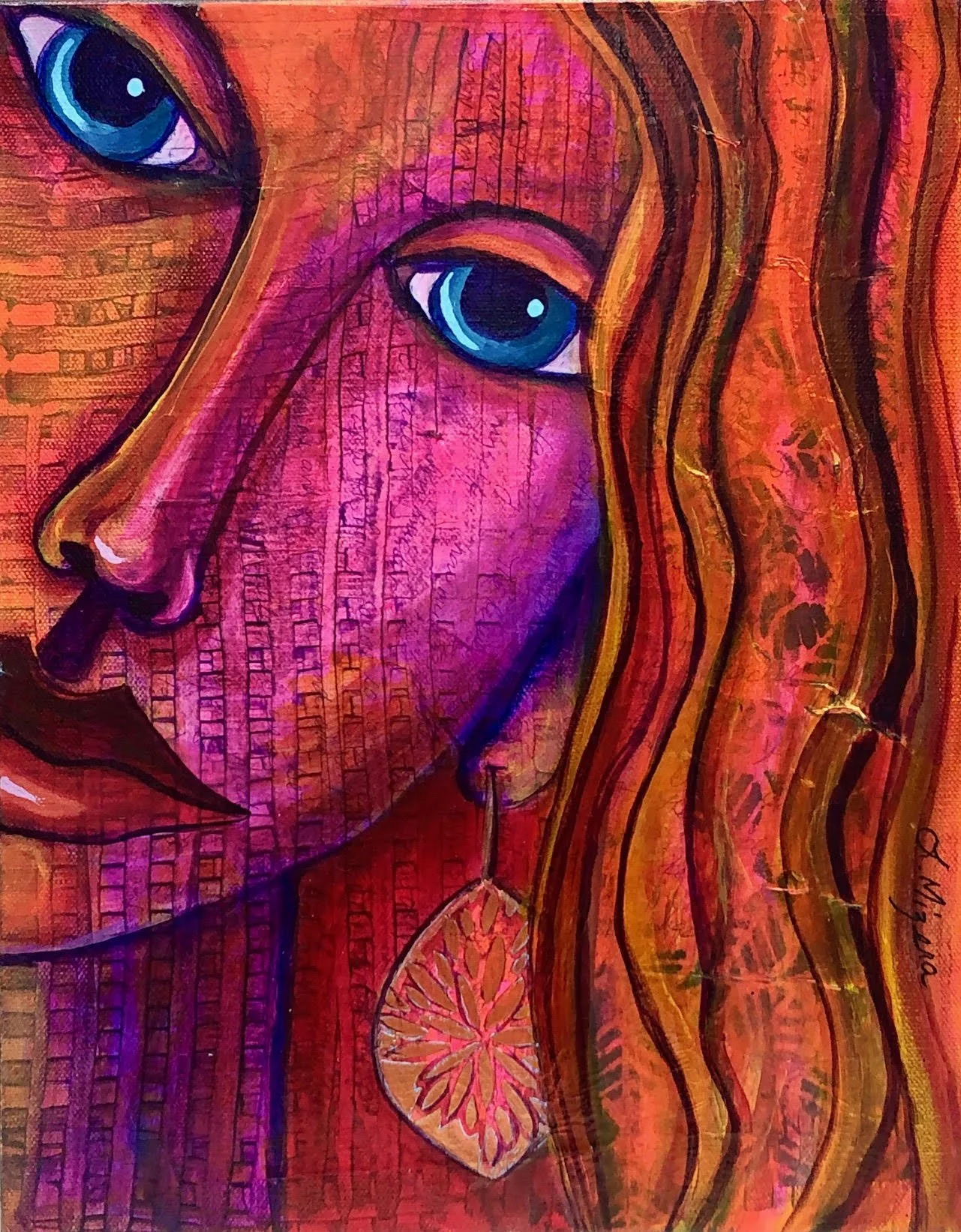"Girl With Earring" Lynne Mizera Creston, British Columbia, Canada Mixed Media; Collage and Acrylic Paints and Inks on Canvas 14" x 11" 
2023 $450 