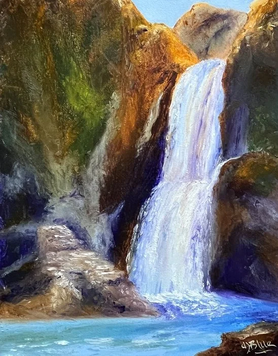 "Waterfall in the Mountains" Alice Blue Acrylic 14" x 11" 
2025 $450 