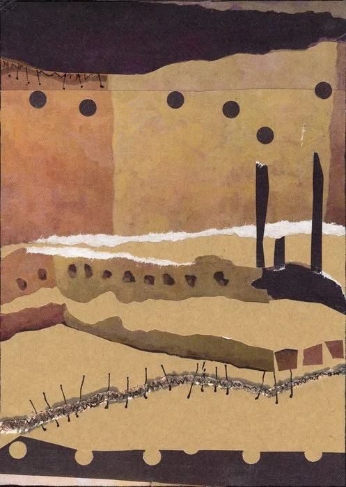 "Noisy Desert Night" Carol Mullen Collage 7" x 5" 
2025 $400 