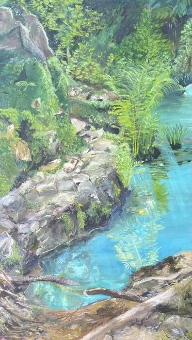 "Portola Redwood Creek Springtime Sunshine" Chelsea Rodriguez Acrylic on Canvas 38" x 22" 
2025 NFS 