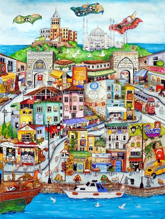 "Cats of Istanbul" Linnea Pergola Watercolor and Pen and Ink 39" x 29.5" 
2025 $2,800 