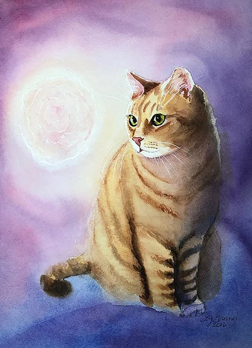 "The Visitor" 
Linda J Greiner 
Watercolor on Arches 300 lb Cold Press Paper 
14" x 10" 
2026 
NFS 