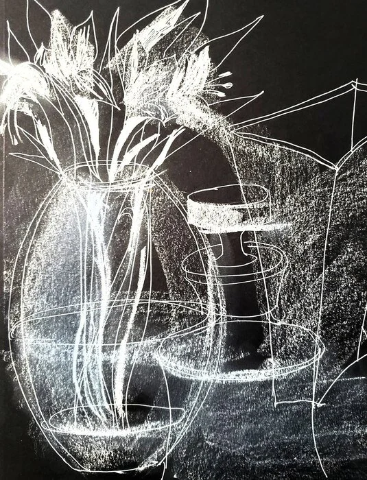 "Tracing the Unseen" Zhanna Urodovskikh White Charcoal and Liner on Black Paper 12" x 9" 
2021 
$225 
