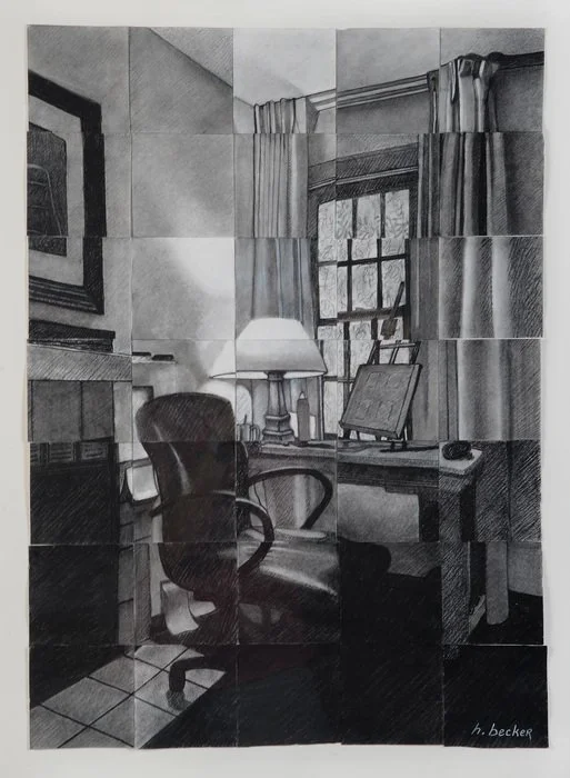 "Drawn To The Light" Helen Becker Charcoal Drawing with Collaged Paper Relief 21" x 15" 
2025 
$1,340 