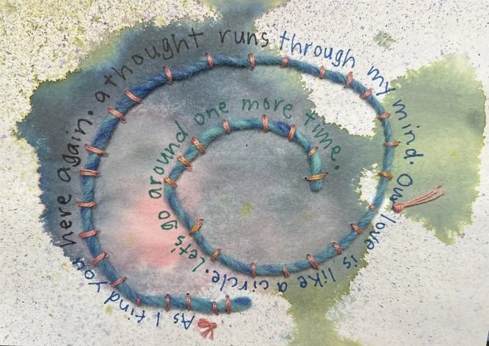 "Let's Go Around One More Time" 
JG Benkofsky-Webb 
Ink, Yarn, Thread, Marker 4" x 6" 
2022 
NFS 