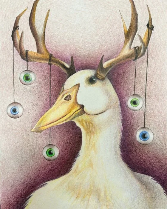 "The Antlered Oracle" 
Marisa Andropolis 
Colored Pencil on Paper 
12" x 9" 
2024 
$250 