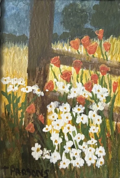 "Fence‑Line Blossoms" 
Theresa Parsons Watercolor 3.5" x 2.5" 
2026 
$35 