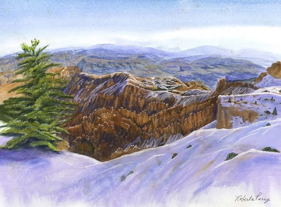 "Bryce Touched by Snow" 
Roberta Parry Santa Fe, NM, USA Gouache on Cold Press Paper 
13.5" x 18.5" 
2019 
$900 