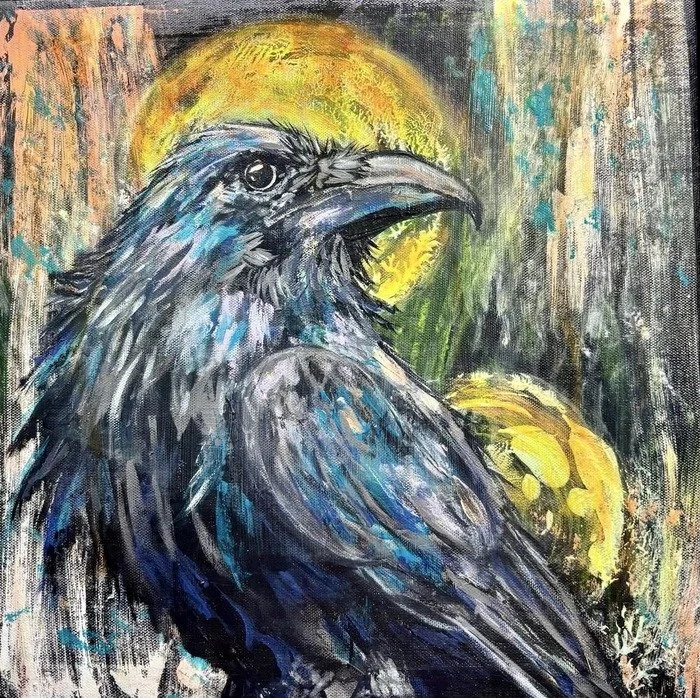 "Indigo Corvus" 
Dina Chamblee 
Acrylic 12" x 12" 
2026 
$195 