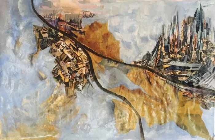 "The Road to Fresno" Hilary Saner Paint and collage on Paper 30" x 40" 
2020 NFS 