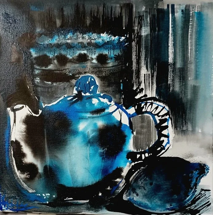 "The Midnight Sip" 
Zhanna Urodovskikh 
Acrylic, Acrylic Ink on Canvas 10" x 10" 
2025 
$500 