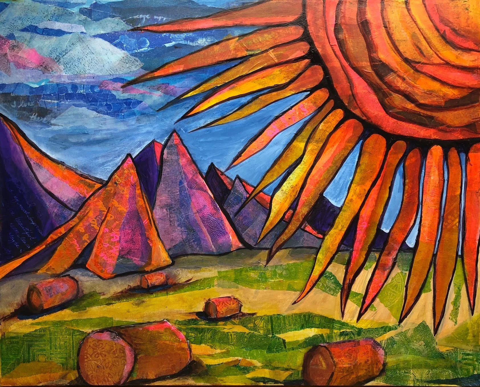 "Where The Prairies Meet The Mountains" Lynne Mizera Creston, British Columbia, Canada Mixed Media; Collage and Acrylic Paints and Inks on Canvas 24" x 30" 
2024
 $1200 