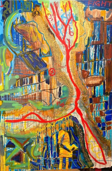 "River of Tears" George Seyffert Oil, Acrylic, Charcoal, Sticky Notes, Caselaw, and Pastel 72" x 60" 
2025 $7,400 