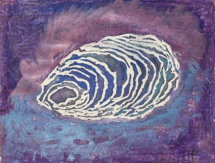 "Oyster for Ali" 
Kathy Flament 
Vibrant Linoleum in Purple Pink Blue of an Oyster 16" x 20" 
2025 
$300 