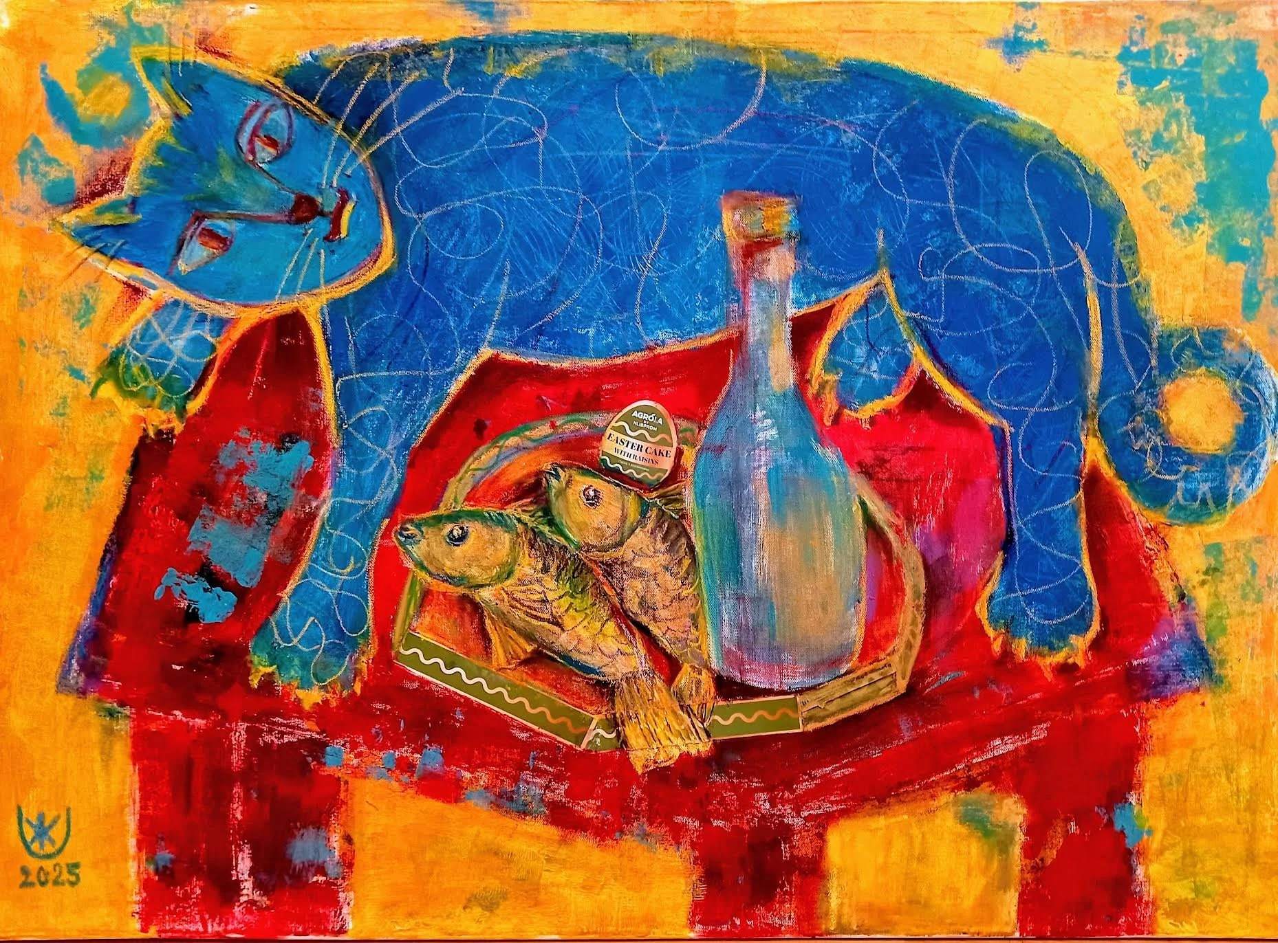 “Still Life with the Blue Cat” Zhanna Urodovskikh  2nd Year Invitee  Mountain View, CA, USA Mixed Media, Acrylic, Collage, Oil Pastel on Canvas 30" x 40" 2025 $1850 