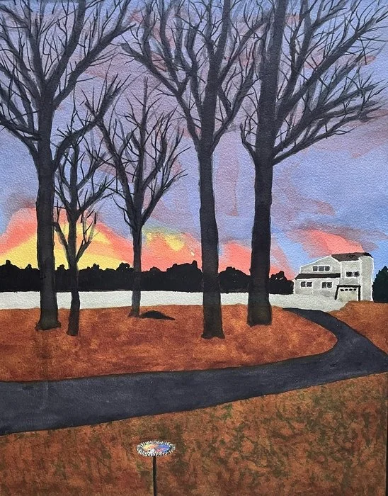 "Birdbath at Daybreak" 
Gregory Supple 
Watercolor 19" x 14" 
2025 
$1,800 