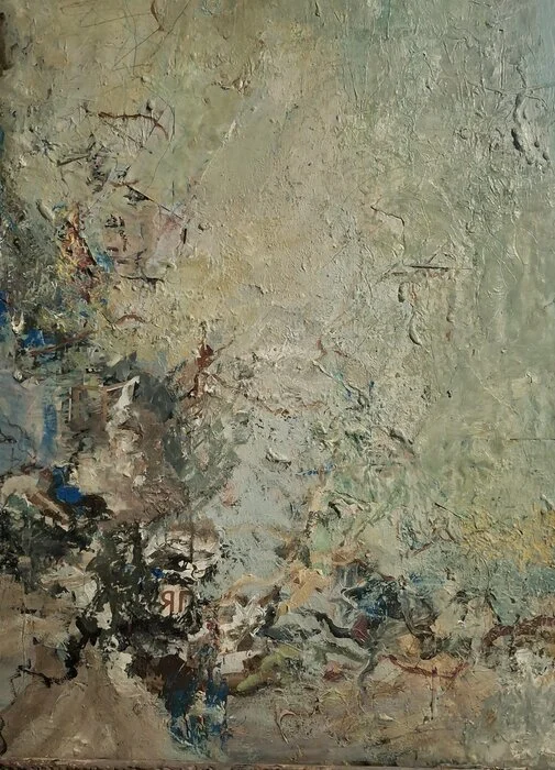 "Vanishing I" Bruce Williams Oil and Collage on Canvas 24" x 18" 
2025 $395 