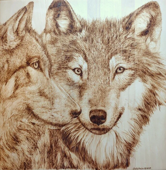 "Brothers" 
Joanna Walitalo 
Pyrography (woodburning) 15" x 15" 
2025 
NFS 