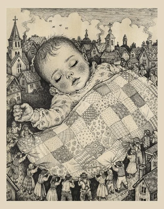 "It Takes a Village" 
Micah Daufenbach 
Ink on Paper 14" x 11" 
2026 
NFS 