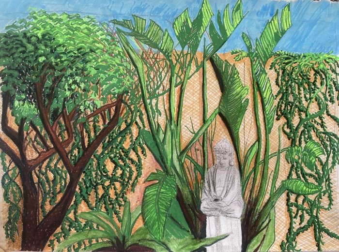 "LuAnne's Backyard" Monica Valdez Harris 
Paint, Marker, Pencil 8.5" x 5.5" 
2026 
NFS 