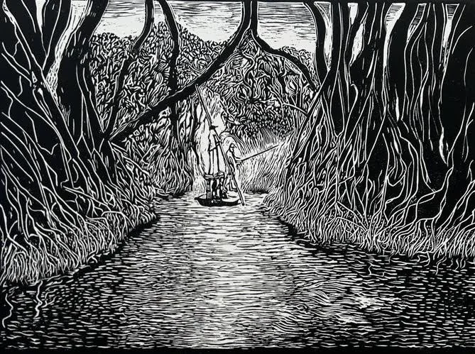 "Fishing Andros Island Mangroves" Ted Shaine Linoleum Print 12" x 9"  
2024 $350 