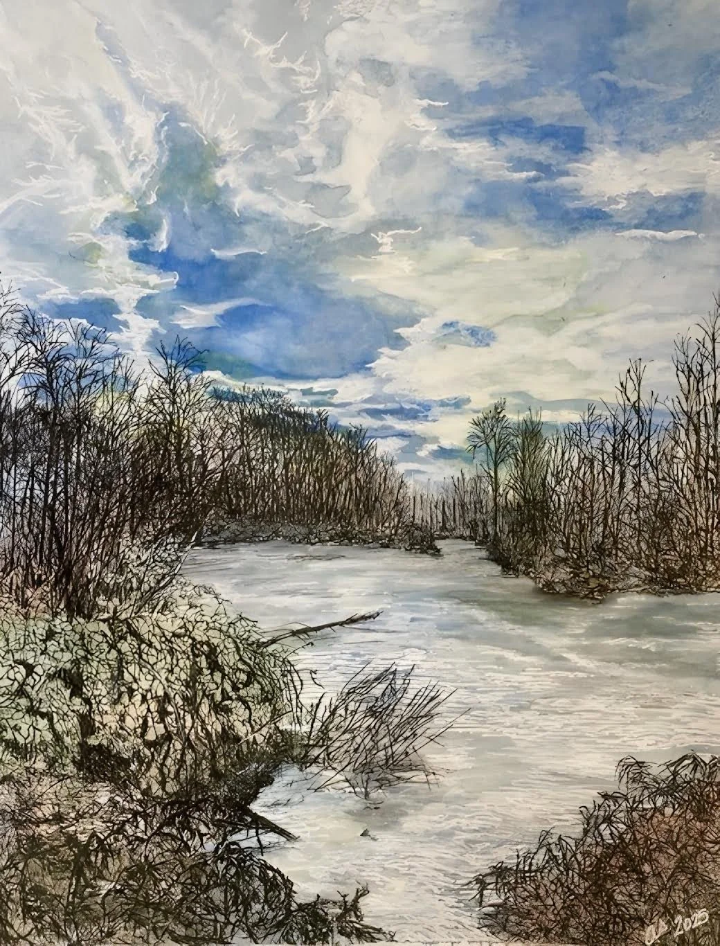 "Snoqualmie River, Stillwater WA" Amanda Spartz Watercolor and Ink
12" x 9" 
2025 $425 