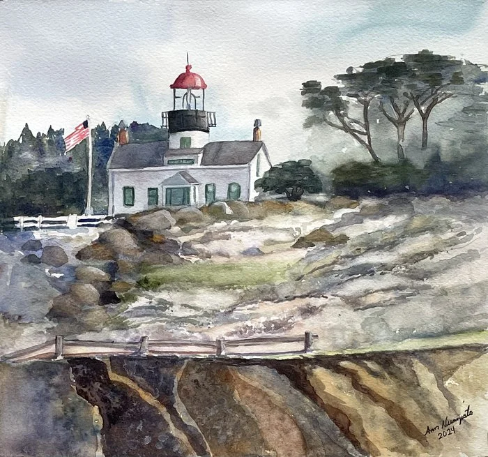 "Pt. Piños Lighthouse, Pacific Grove, CA" Ann Nunziata Watercolor 11" x 11" 
2024 $250 