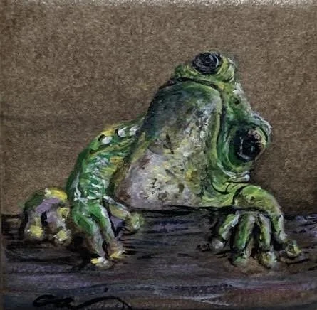 "Tree Frog" Carrie Morgan Acrylic on Square Ceramic Tile, Baked for Waterproofing 2" x 2" 
2025 
$150 