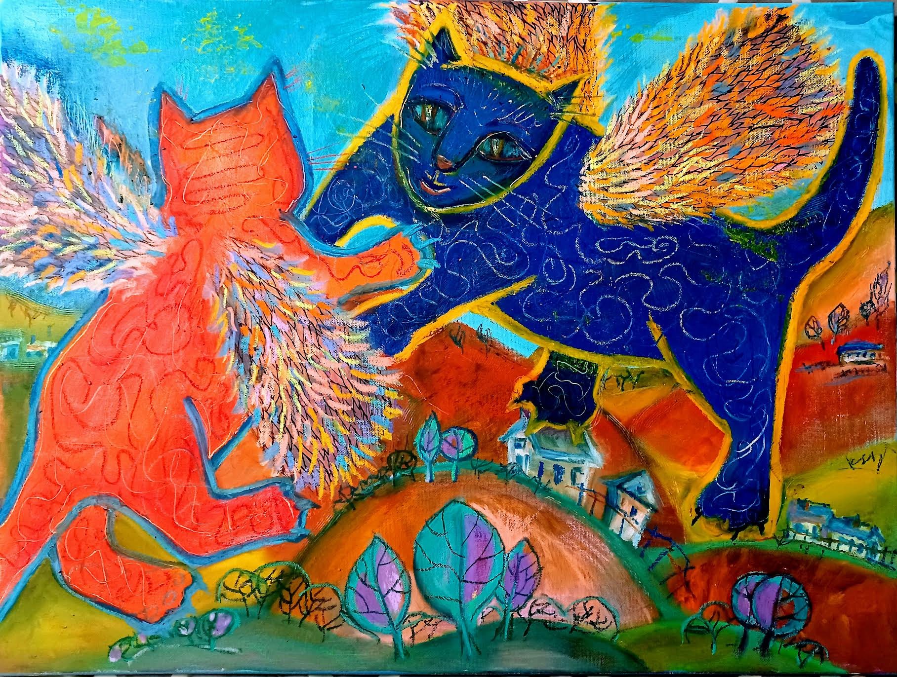 “The Angels of the Valley” Zhanna Urodovskikh  2nd Year Invitee  Mountain View, CA, USA Mixed Media, Acrylic, Collage, Oil Pastel on Canvas 16" x 20" 2025 $1050 