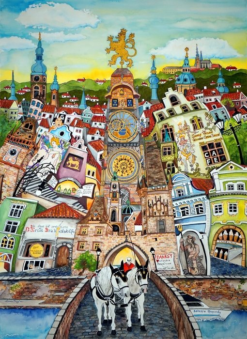 "Prague" Linnea Pergola Watercolor and Pen and Ink 
35" x 26" 
2022 $2,300 