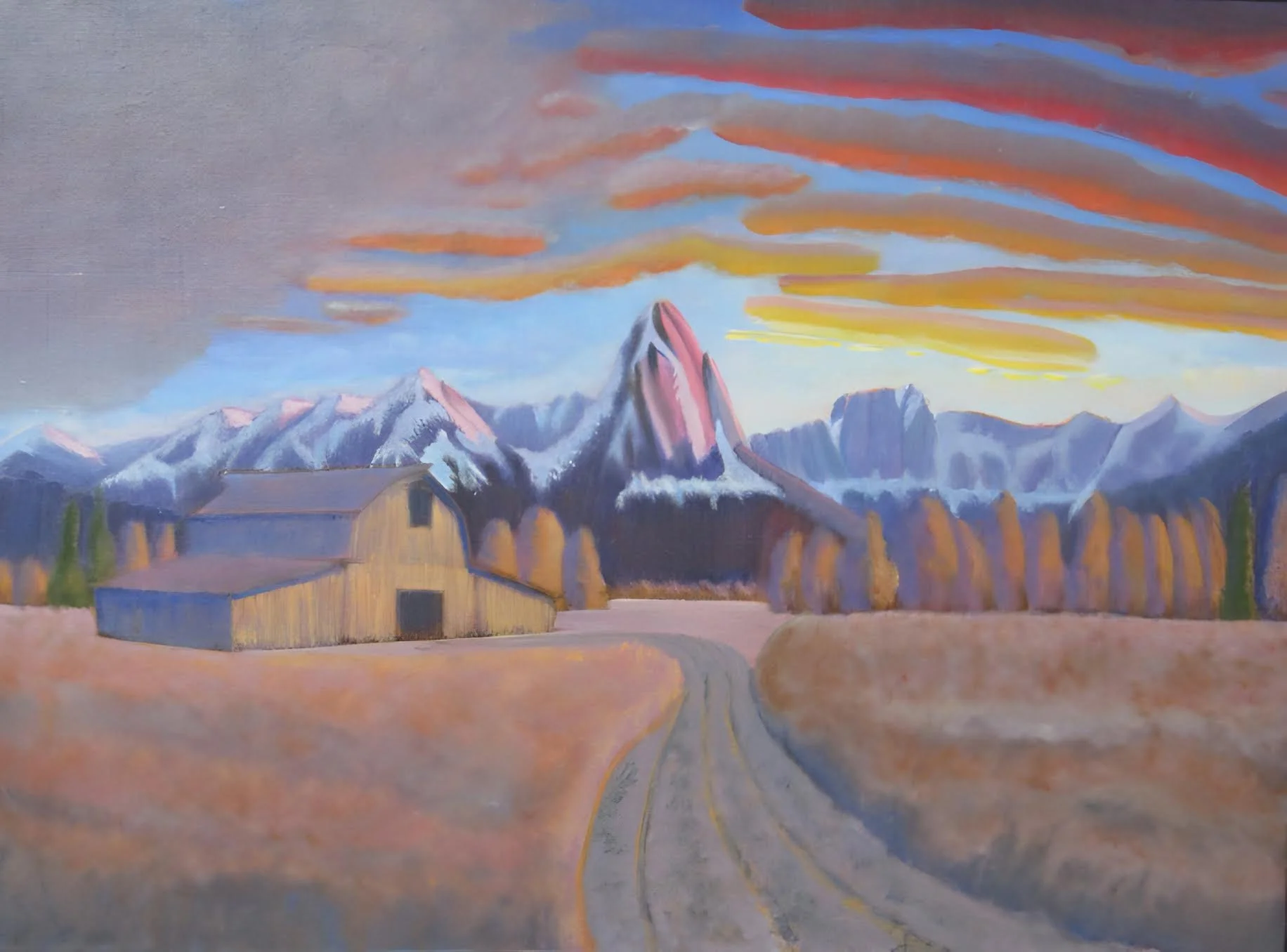 "Teton Barn Twilight" Roger Carver Oil on Canvas 20" x 24" 2025 
$960 