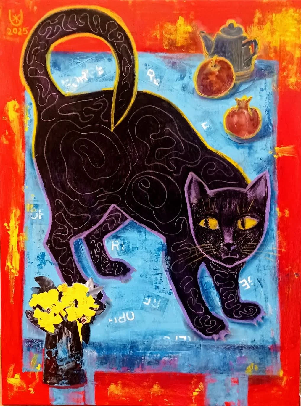 “Still Life with the Black Cat” Zhanna Urodovskikh  2nd Year Invitee  Mountain View, CA, USA Mixed Media, Acrylic, Collage, Oil Pastel on Canvas 40" x 30" 2025 $1850 