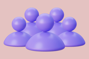 Seven purple 3D human-shaped icons on a pink background