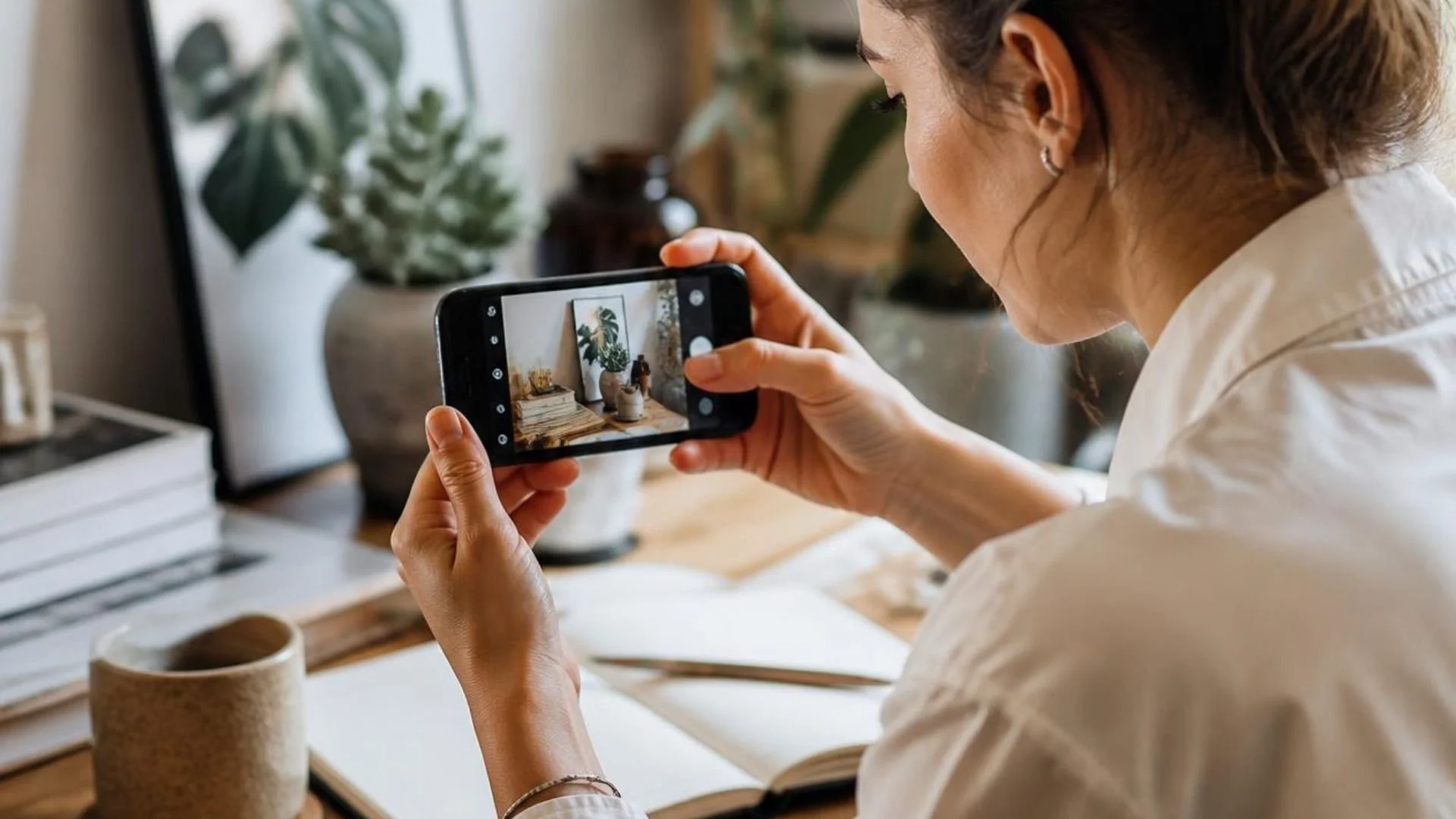 A person is taking a creative cell phone photo in a home-office setting