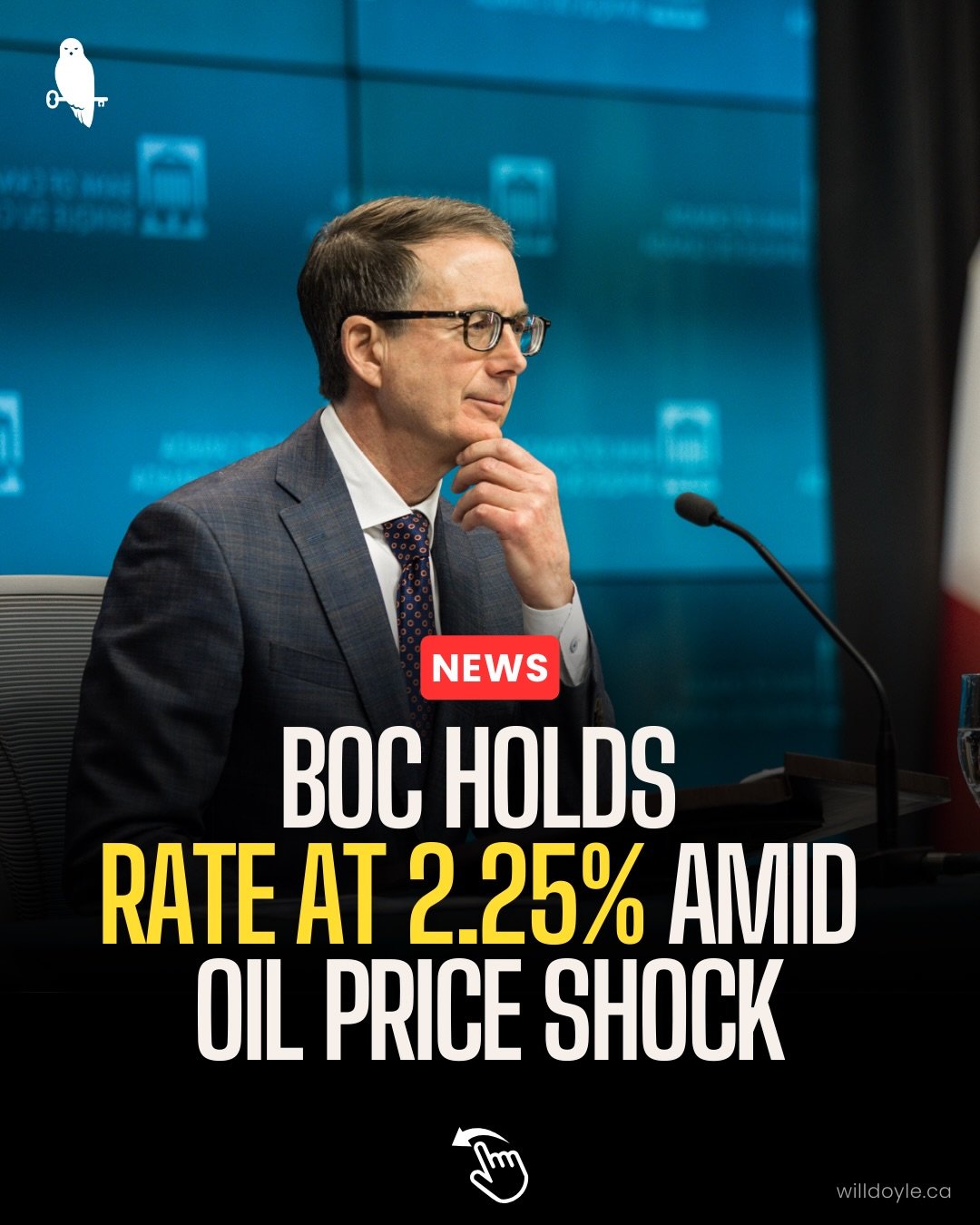 The Bank of Canada held its rate at 2.25% today, but it&rsquo;s not a comfortable hold.

A Middle East conflict has pushed oil prices sharply higher, Canada&rsquo;s GDP contracted in Q4, and unemployment hit 6.7% in February. The BoC is now juggling 