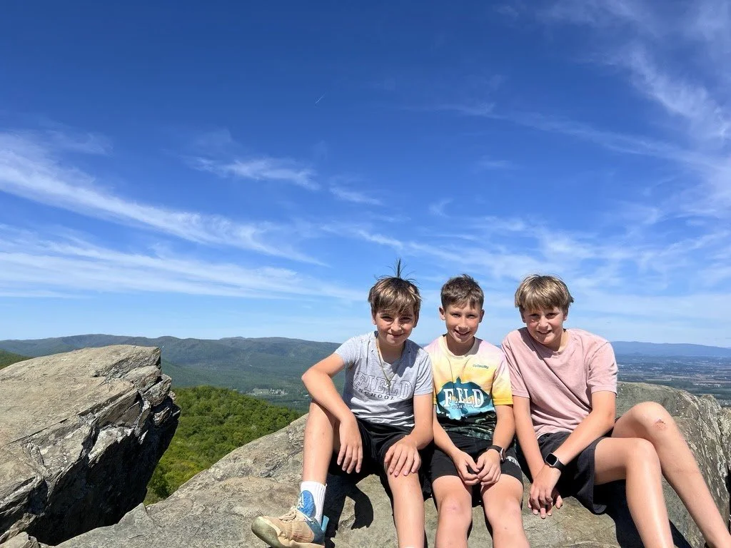Three boys sitting on rocks outdoors with a scenic mountain view under a blue sky.