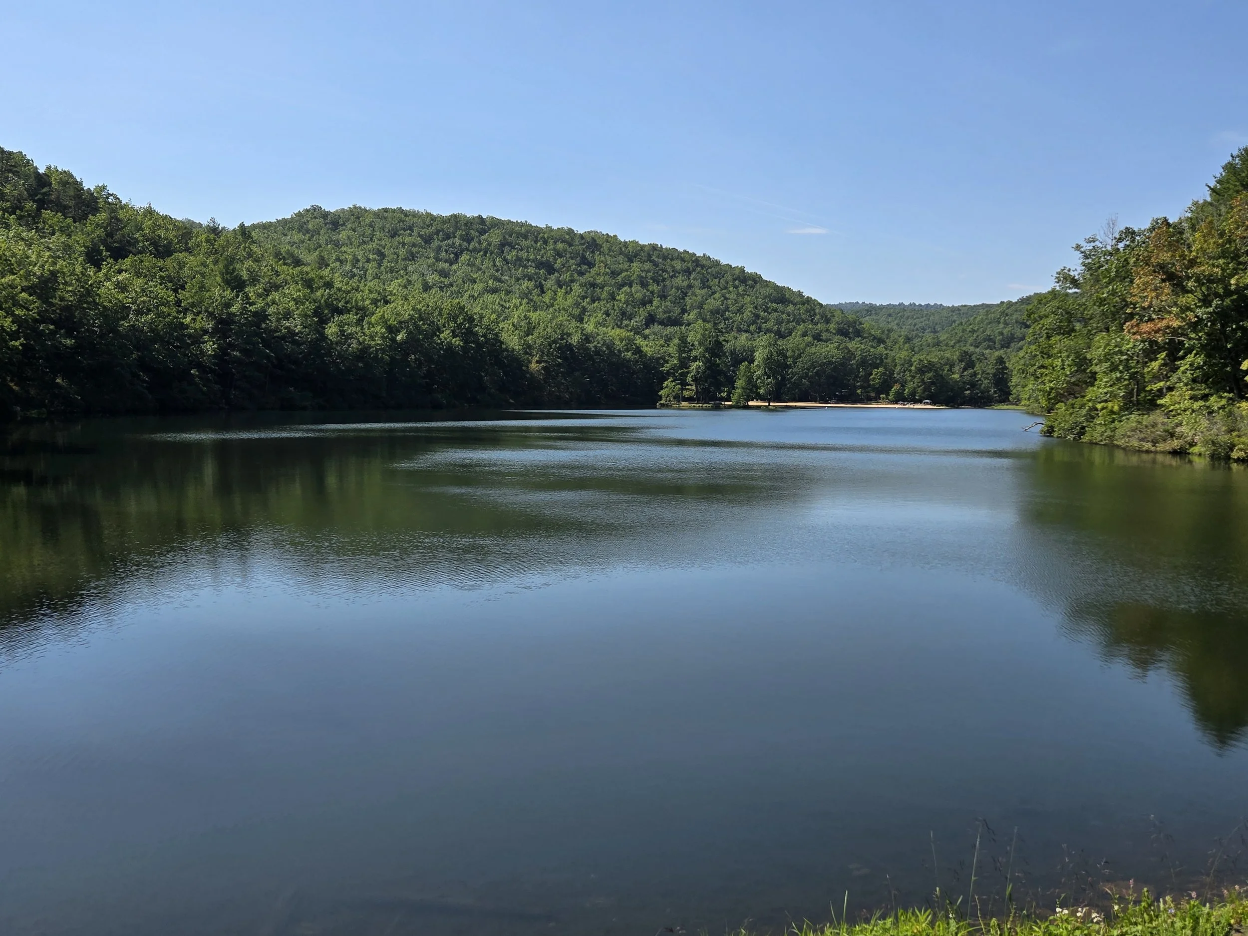 A calm river flowing through lush green forested hills under a clear blue sky.